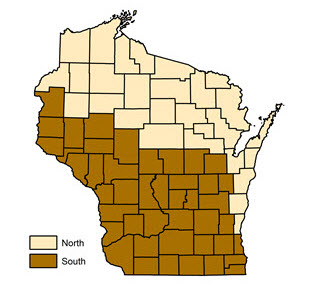 Map shows northern and southern counties.